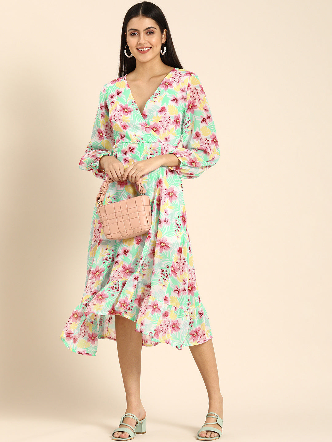 Tropical Mint Green Floral Wrap Dress with Ruffle Hem Vacation-Ready Midi Dress