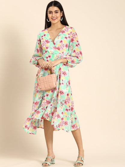 Tropical Mint Green Floral Wrap Dress with Ruffle Hem Vacation-Ready Midi Dress