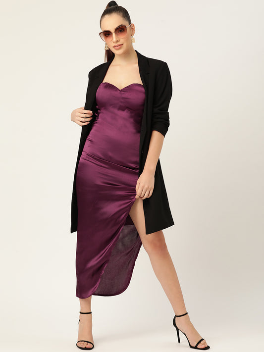 Women Maroon Satin Strapless Dress with Sweetheart Neck and High Slit