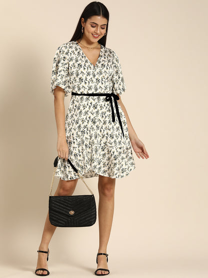 White Floral Fit & Flare Mini Dress with Black Waist Tie Casual & Elegant Day Dress