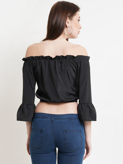 Women's Black Off-Shoulder Satin Crop Top with Flared Sleeves