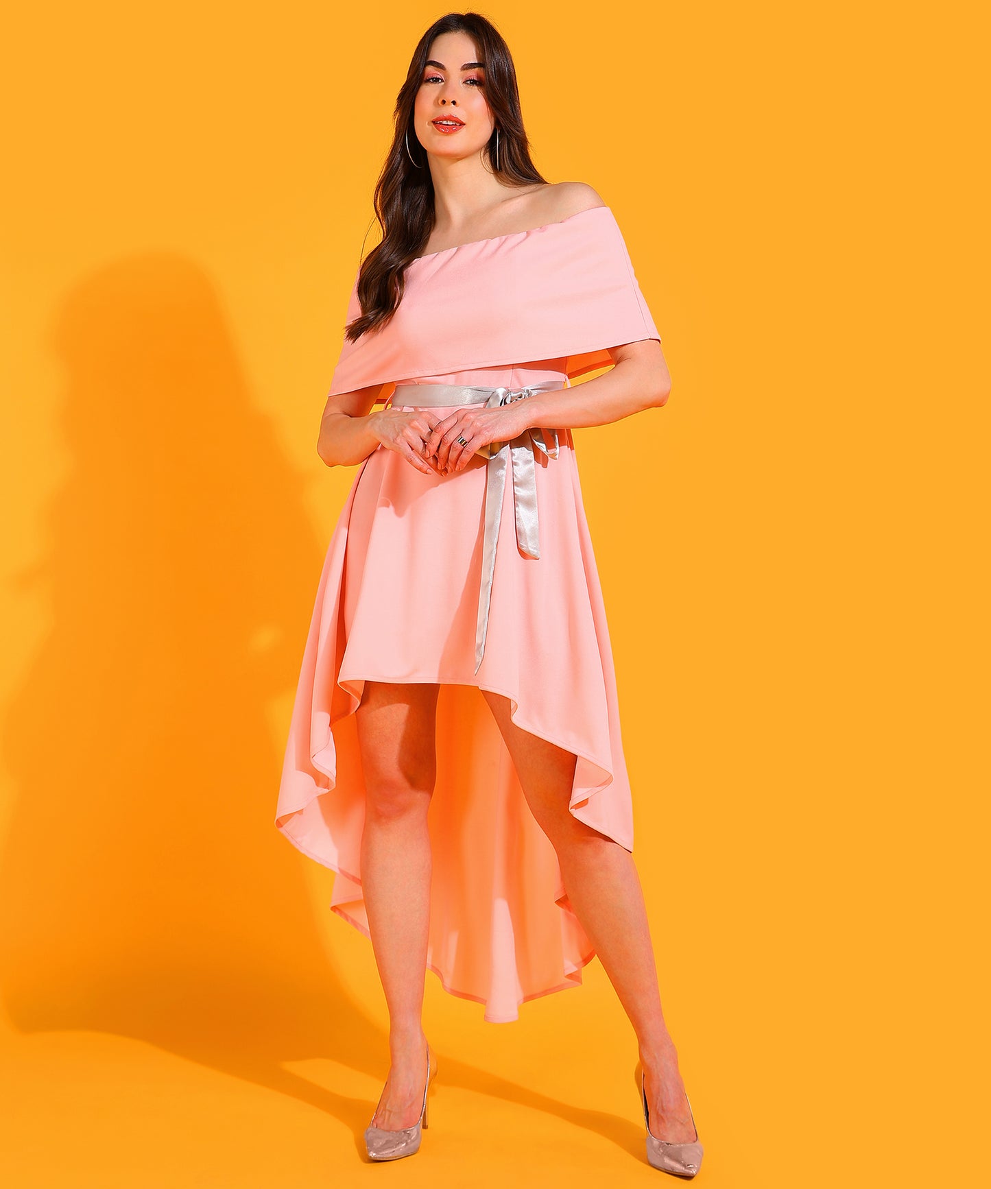 Off Shoulder Pink High Low Dress with Silver Belt – Elegant Party Wear for Women