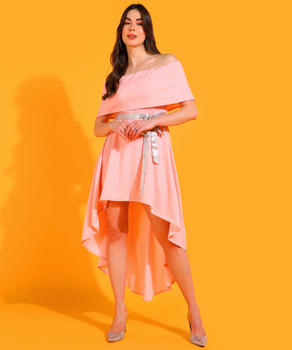 Off Shoulder Pink High Low Dress with Silver Belt – Elegant Party Wear for Women
