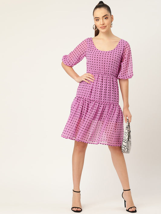 Trendy Lavender Polka Dot Puff Sleeve Mini Dress for Women