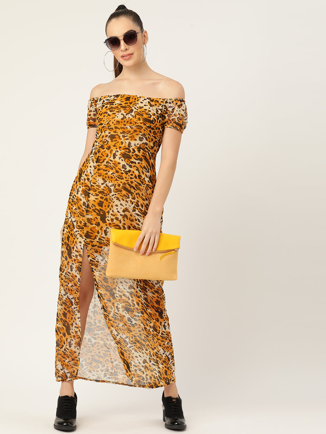 Off-Shoulder Leopard Print Maxi Dress with Front Slit