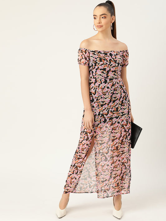 Off Shoulder Black Floral Print Slit Maxi Dress for Women