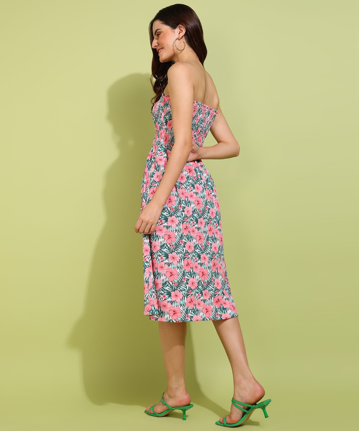 Women's Pink Floral Strapless Smocked Midi Dress – Summer Beachwear