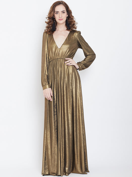 Gold Metallic Long Gown with Deep V Neck and Full Sleeves
