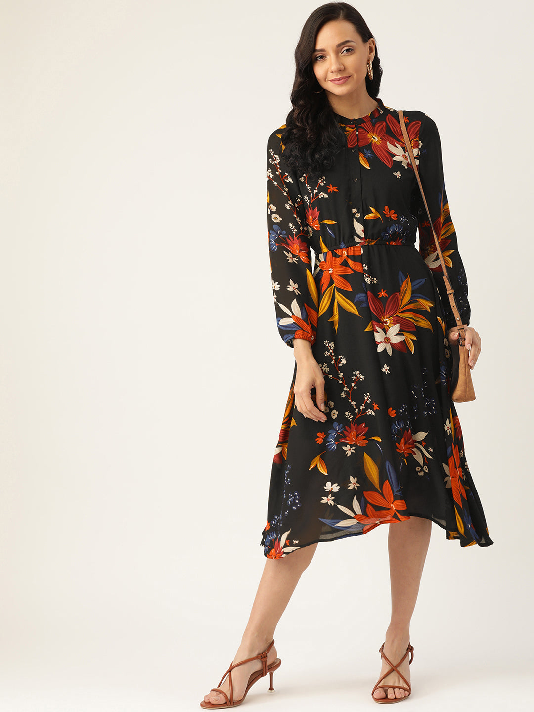 Women's Black Floral Midi Dress with Long Sleeves and Fit-and-Flare Design
