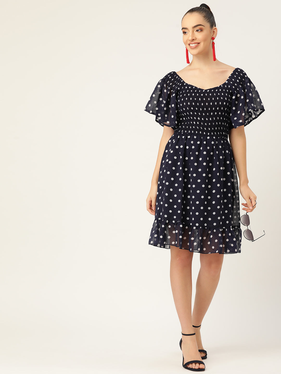 Women Navy Blue Polka Dot Smocked Short Dress