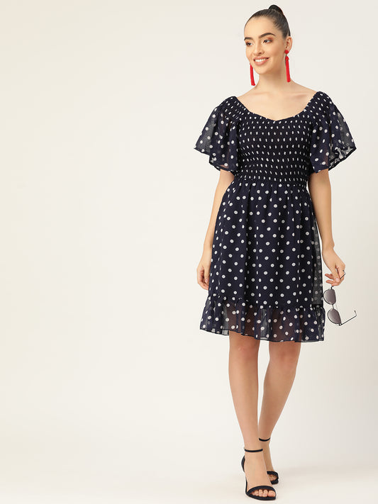 Women Navy Blue Polka Dot Smocked Short Dress