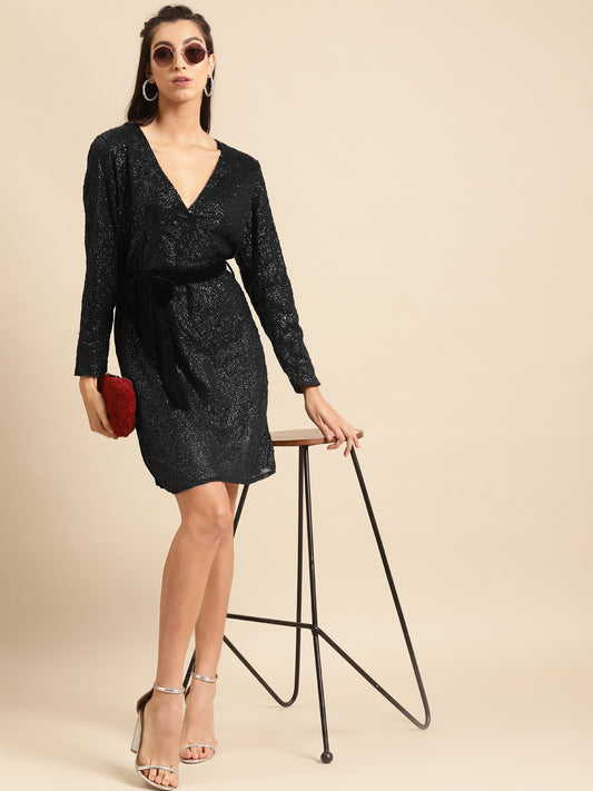 Women Black Sequin Wrap Mini Dress with Belt