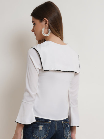 Women's White Collared Button-Up Shirt – Long Sleeve Blouse with Black Trim for Casual & Office Wear