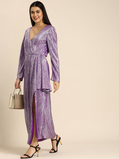 Purple Metallic Shimmer Maxi Dress with Long Sleeves & Front Slit Party Wear Glam
