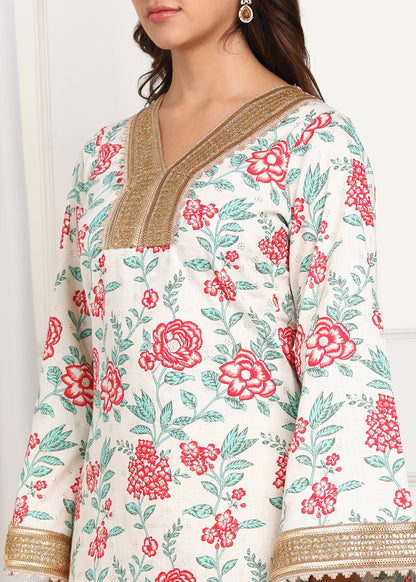 Floral Printed White Kurta with Golden Detailing | Ethnic Wear for Women