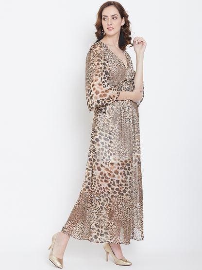 Animal Print Flowy Maxi Dress with Deep Neck and Bell Sleeves