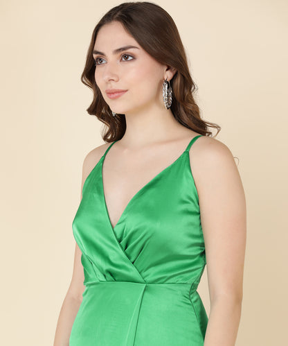 Glam Green Satin Wrap Gown Dress for Evening Party