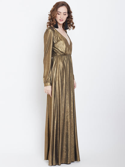 Gold Metallic Long Gown with Deep V Neck and Full Sleeves