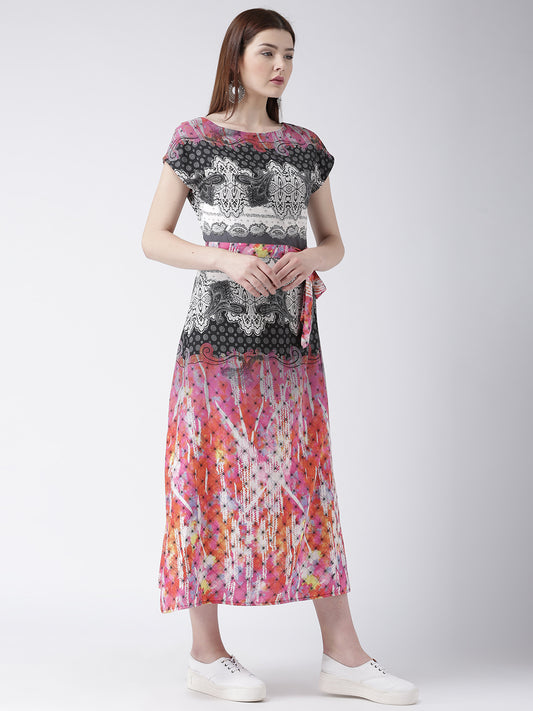 Women's Multicolor Printed A-Line Midi Dress with Belt