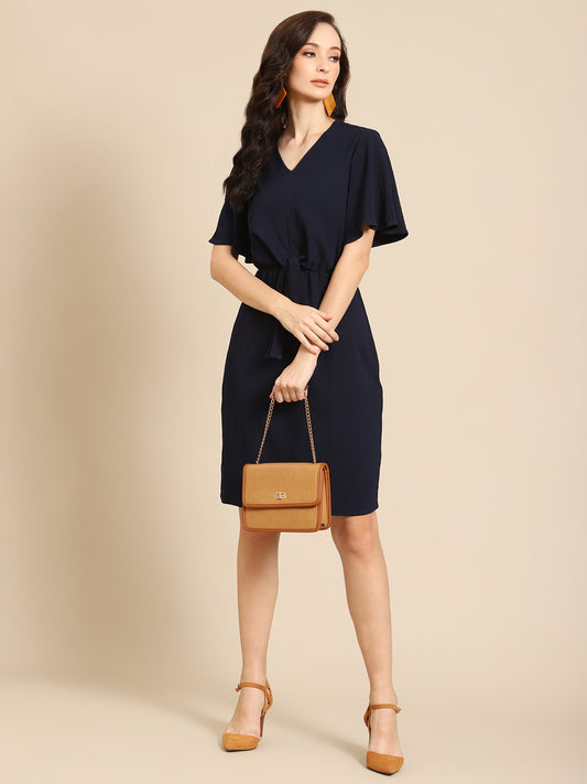 Elegant Black Knee-Length Dress for Women | V-Neck Tie-Waist Casual Dress