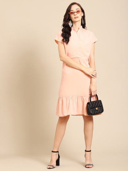 Elegant Peach Midi Dress for Women with Ruffled Hem and Mandarin Collar