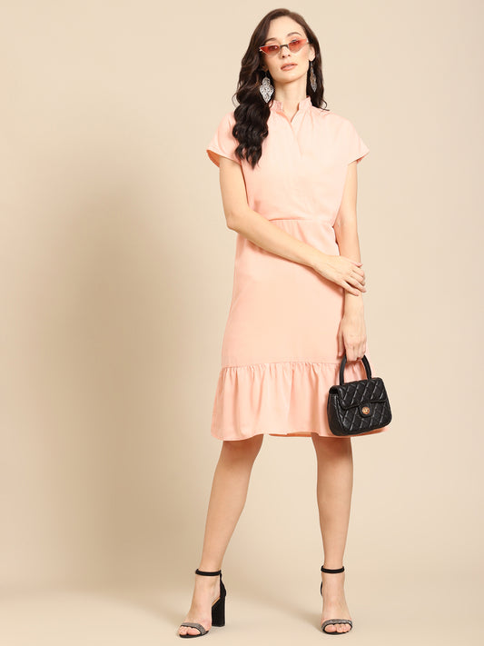 Elegant Peach Midi Dress for Women with Ruffled Hem and Mandarin Collar