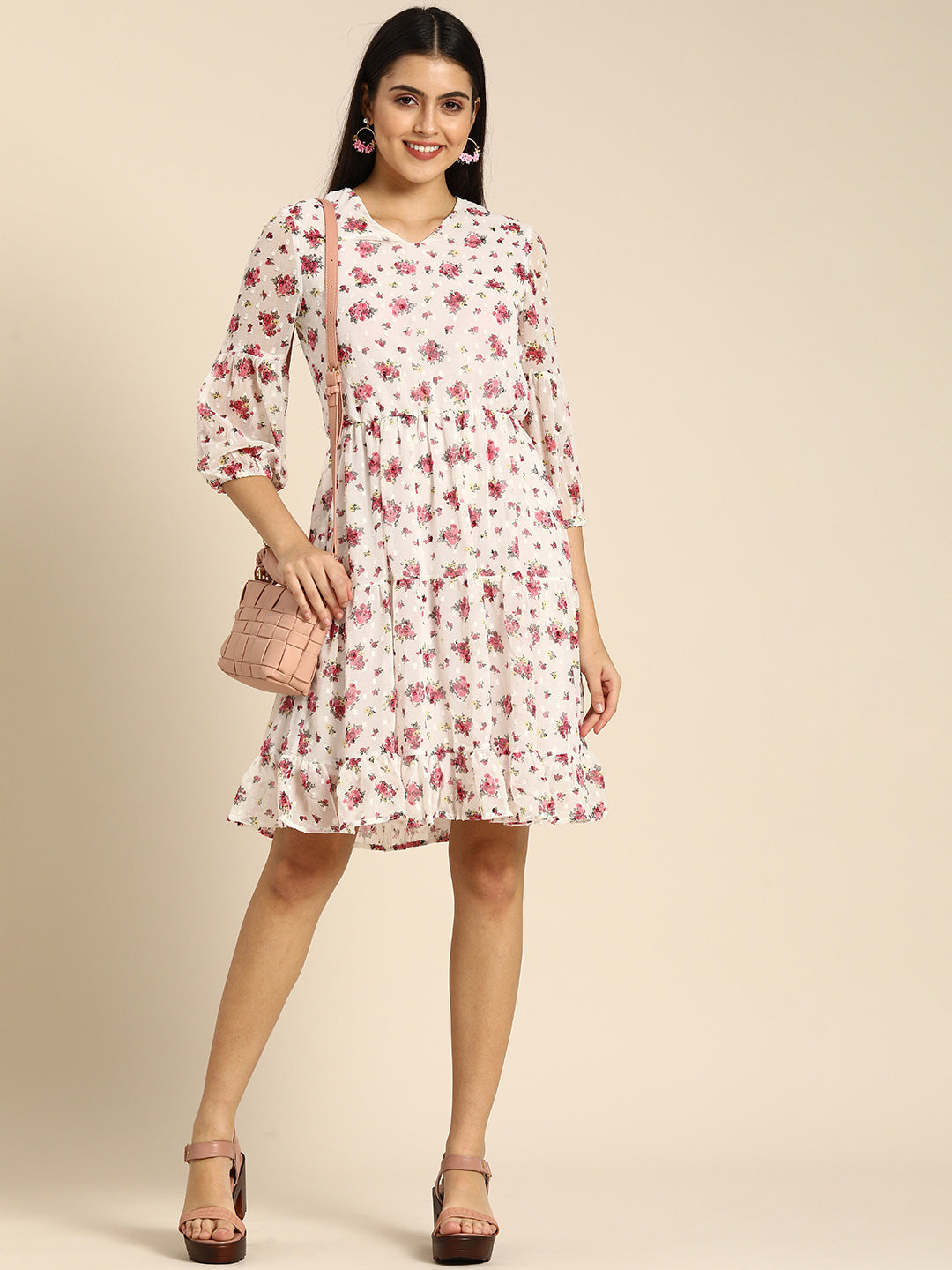 White Floral Chiffon Tiered Mini Dress with Sheer Sleeves – Casual & Brunch Wear