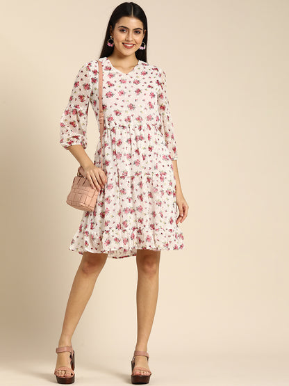 White Floral Chiffon Tiered Mini Dress with Sheer Sleeves – Casual & Brunch Wear
