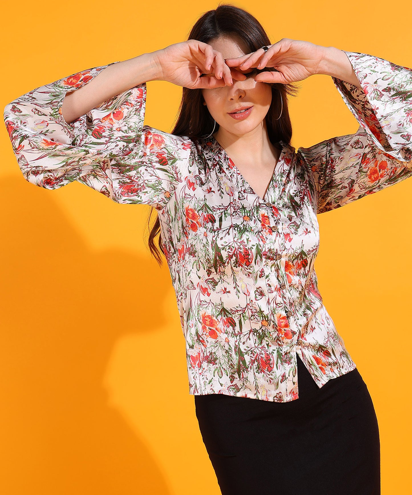 Floral Satin Button-Down Top with Flared Sleeves – Casual & Office Wear