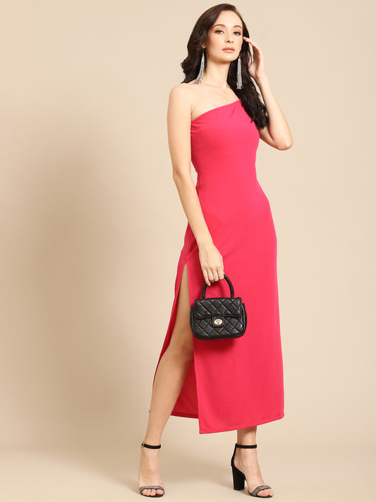 Stylish Pink Bodycon Midi Dress with Shoulder Straps – Elegant Evening & Party Wear