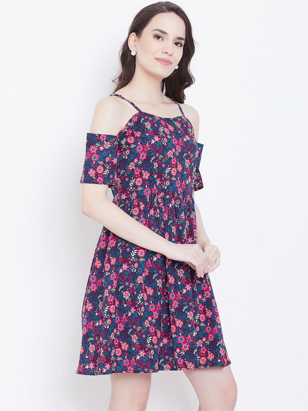 Cold Shoulder Navy Blue Floral Dress with Spaghetti Straps
