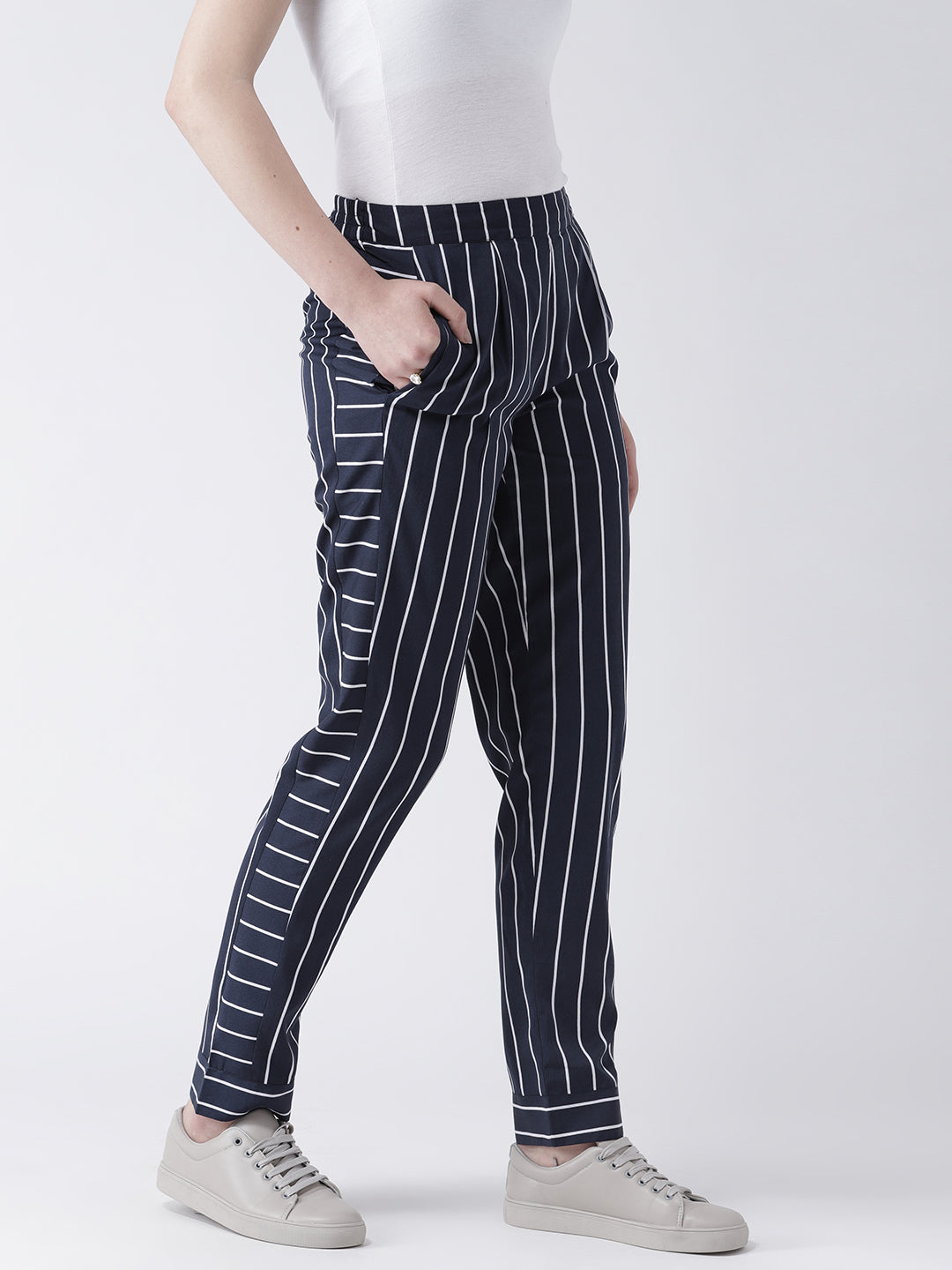 Women's Navy Blue Vertical Striped Pants – Slim Fit Casual Trousers with Pockets