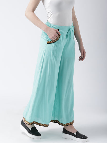 Women's Sky Blue Palazzo Pants with Drawstring Waist and Ethnic Trim