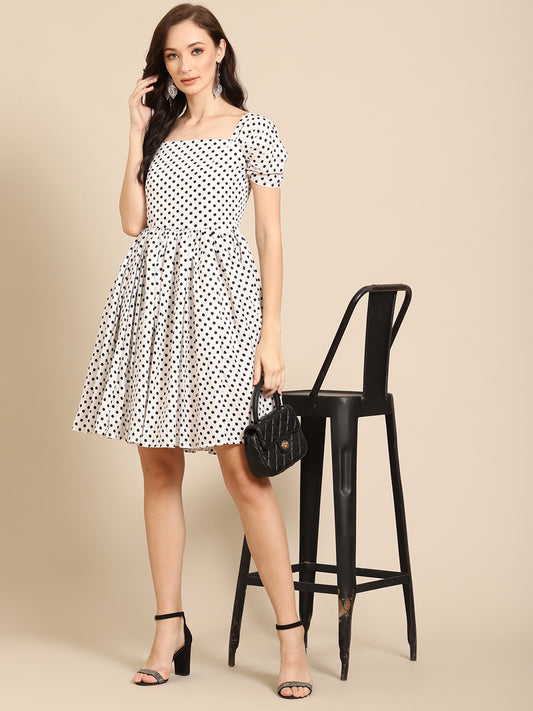 Vintage-Inspired Polka Dot Fit & Flare Dress for Women | Puff Sleeve Square Neck Dress