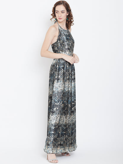 Shimmer Pleated Halter Neck Maxi Dress for Evening Glam