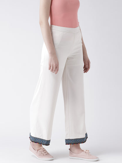Women's White Wide-Leg Trousers with Embroidered Hem – Casual Ethnic Cotton Pants
