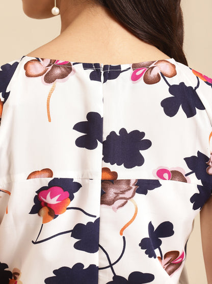 White Floral Straight Kurta with Cap Sleeves – Elegant Summer