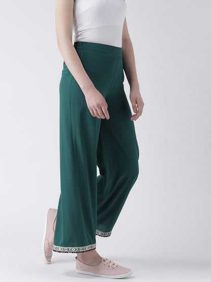 Women's Green Wide-Leg Pants with Embroidered Hem – Casual Ethnic Trousers