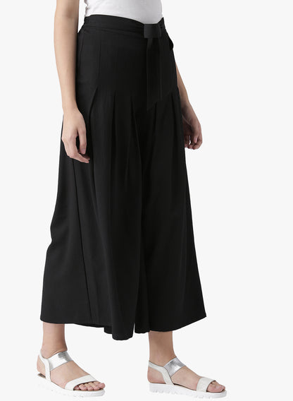 Black High Waist Pleated Tie-Up Trousers for Women