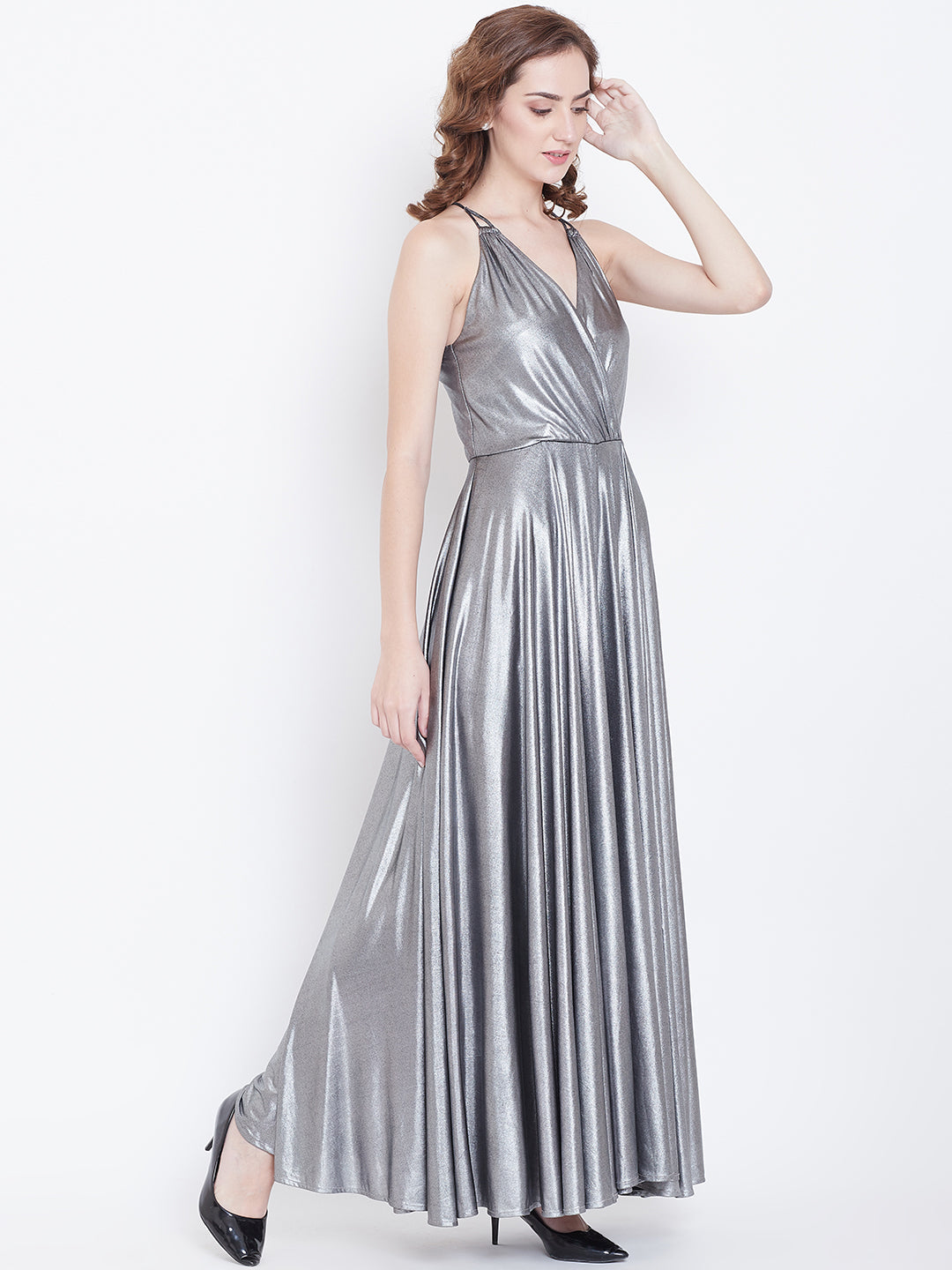 Silver Metallic Halter Neck Maxi Gown with Flared Dress