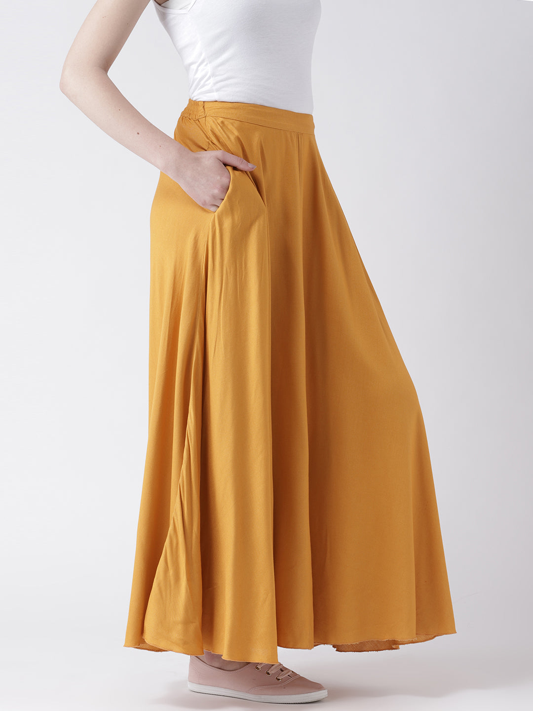 Women's Mustard Yellow Flared Palazzo Pants with Pockets – Solid Rayon Wide-Leg Bottoms