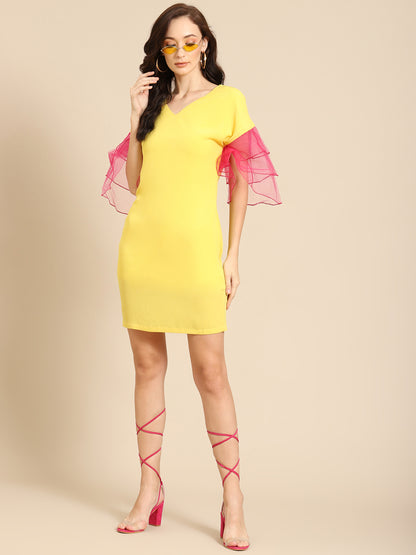 Stylish Yellow Dress with Sheer Pink Ruffle Sleeves – Trendy Summer Wear for Women