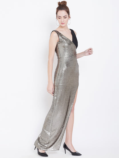 One Shoulder Sequin High Slit Party Dress in Black and Silver