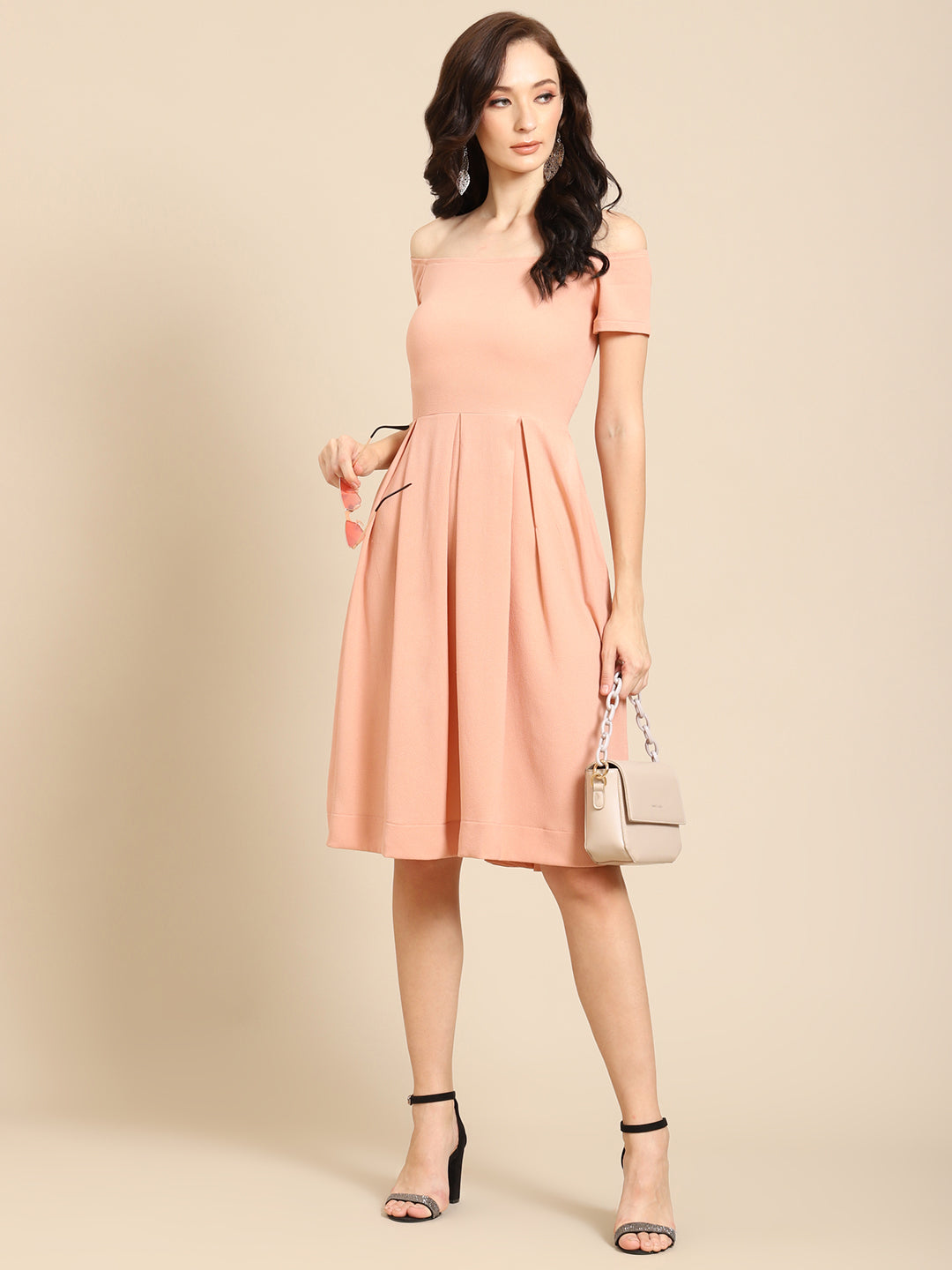 Elegant Peach Off Shoulder Pleated Midi Dress for Women