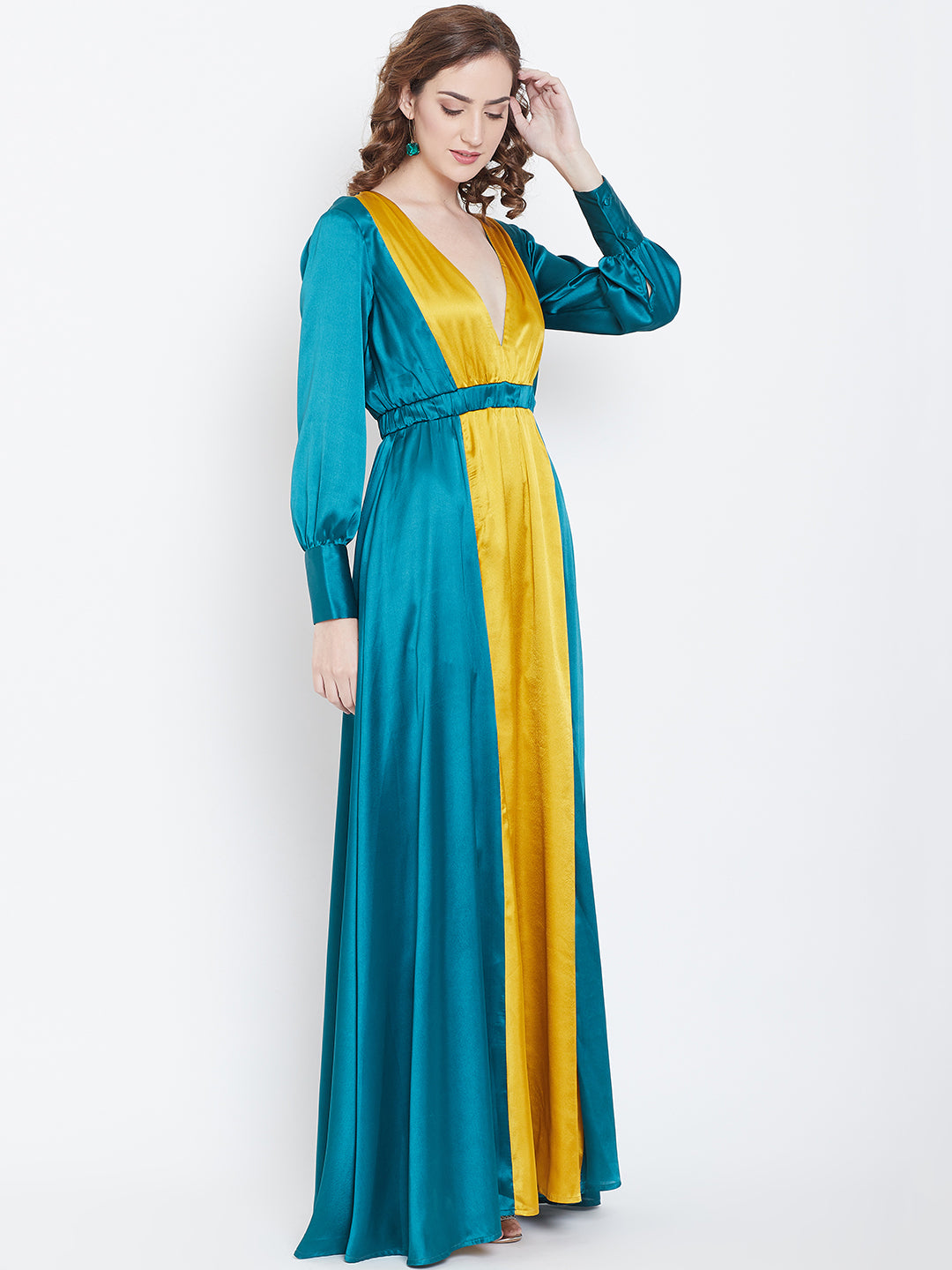 Teal and Mustard Satin Colorblock Maxi Dress with Deep V-Neck