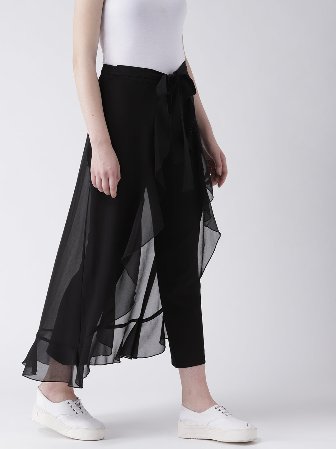 Black Layered Overlay Tie-Up Trousers for Women – Stylish Semi Sheer Pants