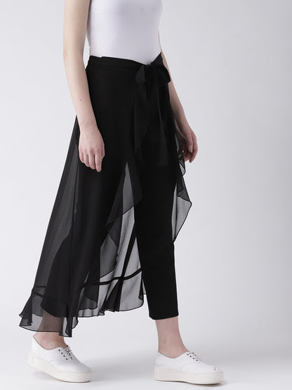 Black Layered Overlay Tie-Up Trousers for Women – Stylish Semi Sheer Pants