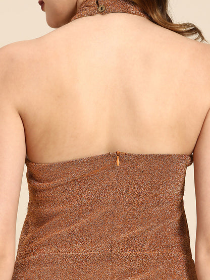 Women's Brown Shimmer Bodycon Dress with Slit and Cut-Out Design