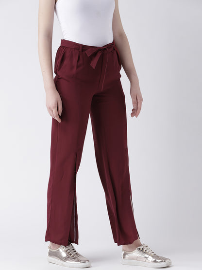 Maroon High Waist Slit Hem Trousers for Women with Tie-Up Belt