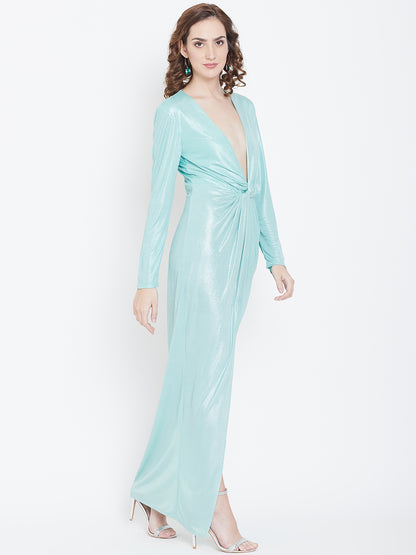 Aqua Blue Metallic Bodycon Gown with Deep V Neck and Front Slit
